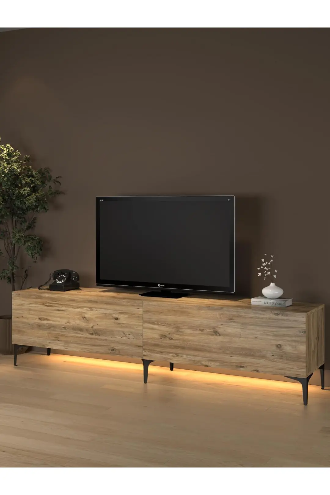 Napoli 200 Cm Led Işıklı Geniş Dolaplı Minifiksli Tv Ünitesi - Tv Sehpası - Atlantik Çam